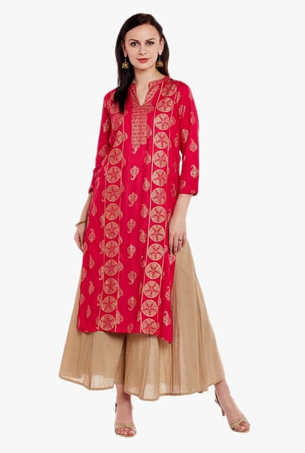Varanga Pink & Beige Printed Kurta With Palazzo Varanga Pink & Beige Printed Kurta With Palazzo