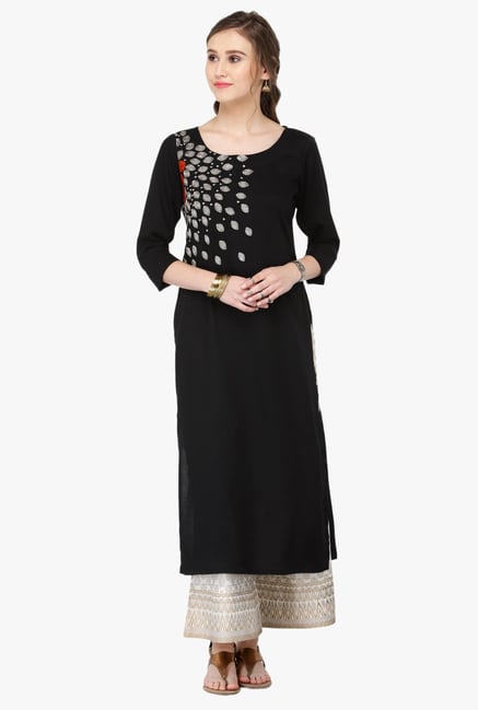 Varanga Black & White Embroidered Cotton Kurta With Palazzo Varanga Black & White Embroidered Cotton Kurta With Palazzo