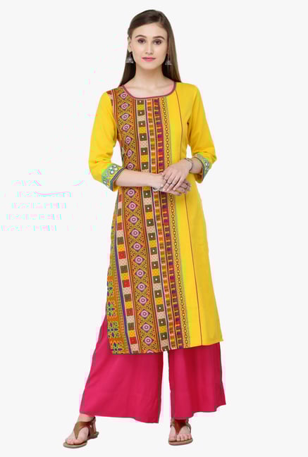 Varanga Yellow Printed Cotton Kurta Varanga Yellow Printed Cotton Kurta