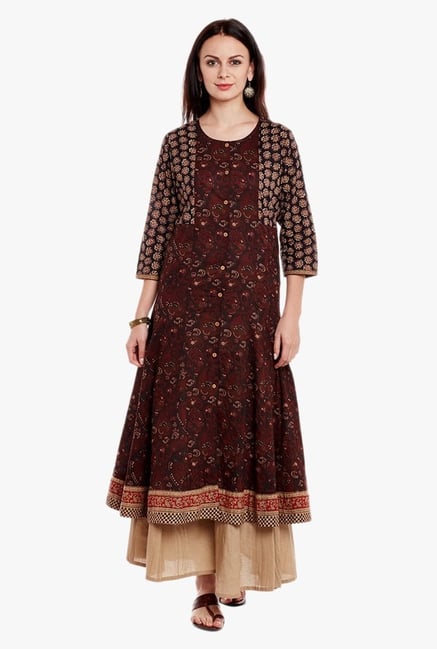 Varanga Brown & Beige Printed Cotton Kurta With Palazzo Varanga Brown & Beige Printed Cotton Kurta With Palazzo
