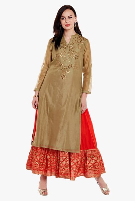 Varanga Olive & Red Embellished Kurta With Skirt Varanga Olive & Red Embellished Kurta With Skirt