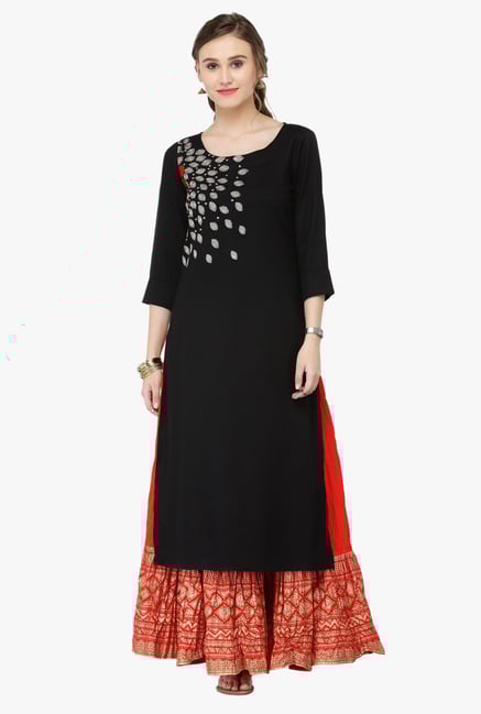 Varanga Black & Orange Embroidered Rayon Kurta With Palazzo Varanga Black & Orange Embroidered Rayon Kurta With Palazzo