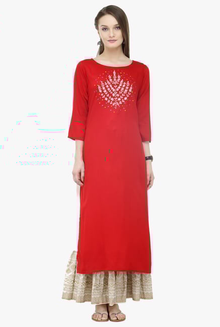 Varanga Red & White Embroidered Rayon Kurta With Palazzo Varanga Red & White Embroidered Rayon Kurta With Palazzo