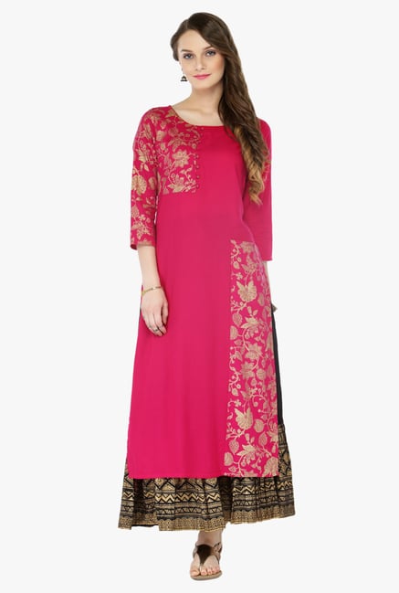Varanga Pink & Black Printed Cotton Kurta With Palazzo Varanga Pink & Black Printed Cotton Kurta With Palazzo