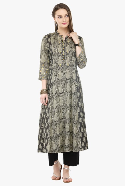 Varanga Black Printed Rayon Kurta With Palazzo Varanga Black Printed Rayon Kurta With Palazzo