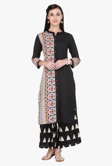 Varanga Black Printed Rayon Kurta With Palazzo Varanga Black Printed Rayon Kurta With Palazzo