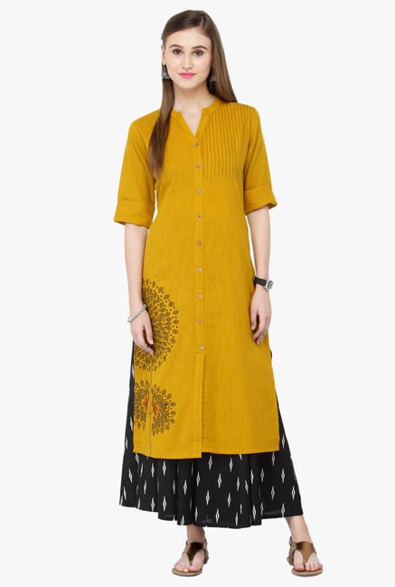 Varanga Mustard & Black Embroidered Kurta With Palazzo Varanga Mustard & Black Embroidered Kurta With Palazzo