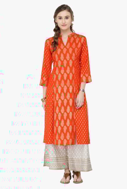 Varanga Orange Printed Rayon Kurta Varanga Orange Printed Rayon Kurta