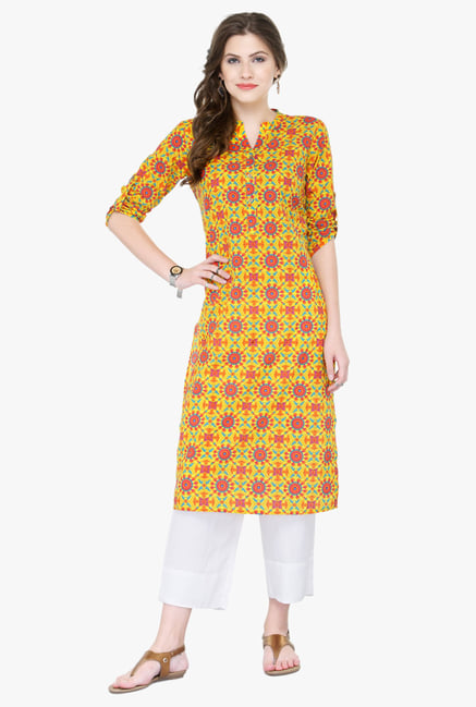 Varanga Yellow & White Printed Rayon Kurta With Palazzo Varanga Yellow & White Printed Rayon Kurta With Palazzo