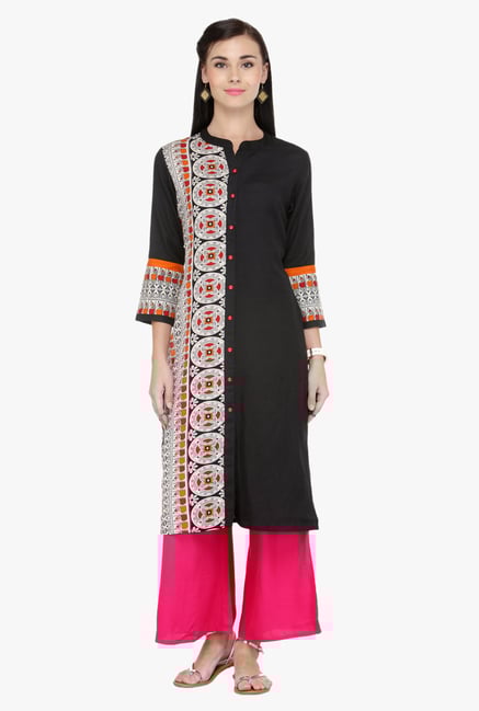 Varanga Black & Pink Printed Cotton Kurta With Palazzo Varanga Black & Pink Printed Cotton Kurta With Palazzo