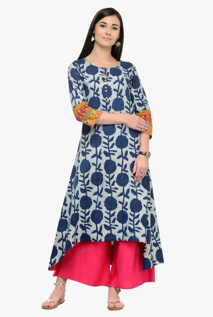 Varanga Blue & Pink Printed Cotton Kurta With Palazzo Varanga Blue & Pink Printed Cotton Kurta With Palazzo