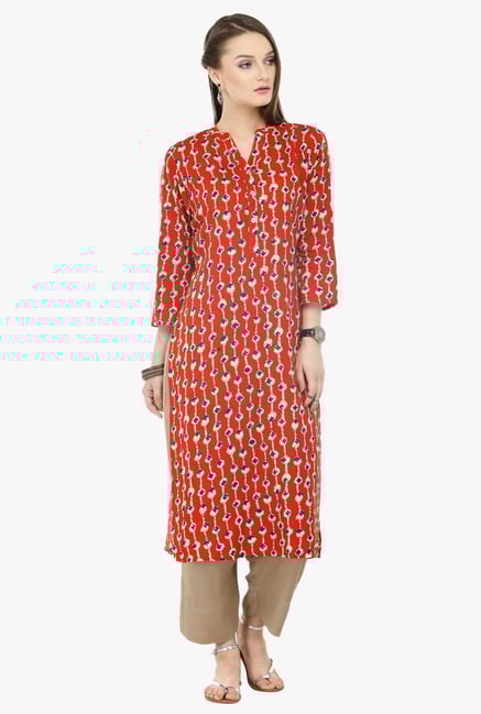 Varanga Red & Beige Printed Rayon Kurta With Palazzo Varanga Red & Beige Printed Rayon Kurta With Palazzo