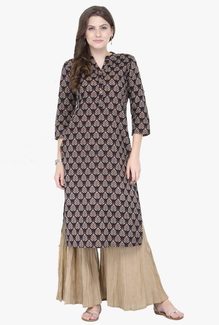 Varanga Black & Beige Printed Cotton Kurta With Palazzo Varanga Black & Beige Printed Cotton Kurta With Palazzo