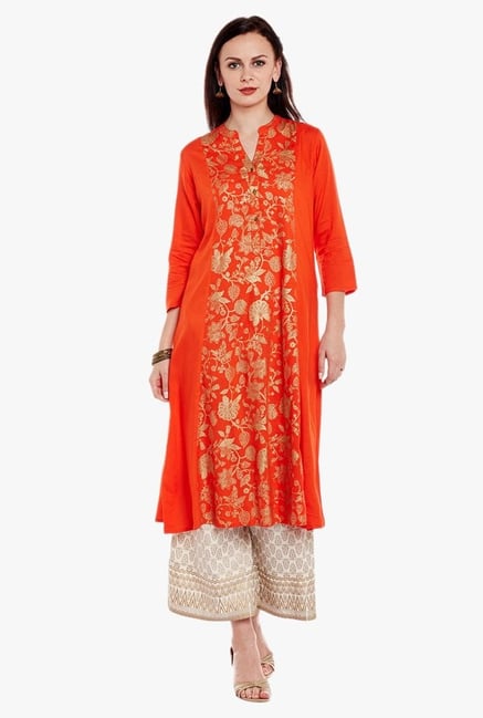 Varanga Orange & Ivory Printed Kurta With Palazzo Varanga Orange & Ivory Printed Kurta With Palazzo