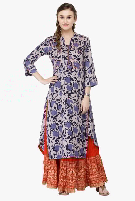 Varanga Beige & Orange Printed Rayon Kurta With Palazzo Varanga Beige & Orange Printed Rayon Kurta With Palazzo
