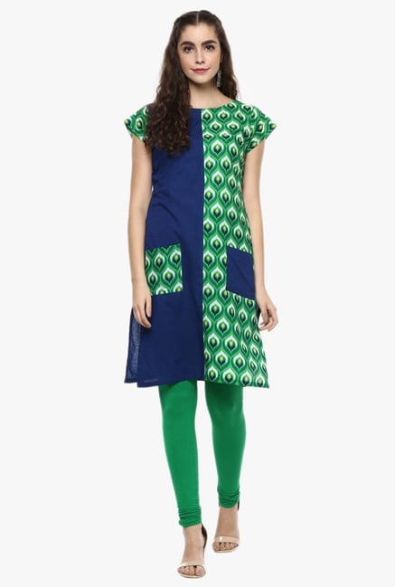 Ziyaa Navy & Green Printed Cotton Kurti Ziyaa Navy & Green Printed Cotton Kurti