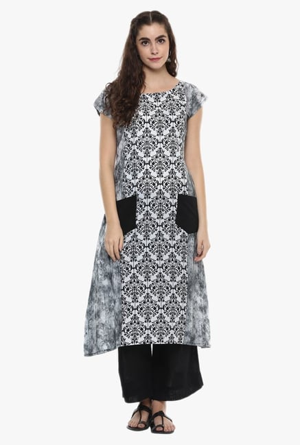 Ziyaa Black & Off White Printed Cotton Kurta Ziyaa Black & Off White Printed Cotton Kurta