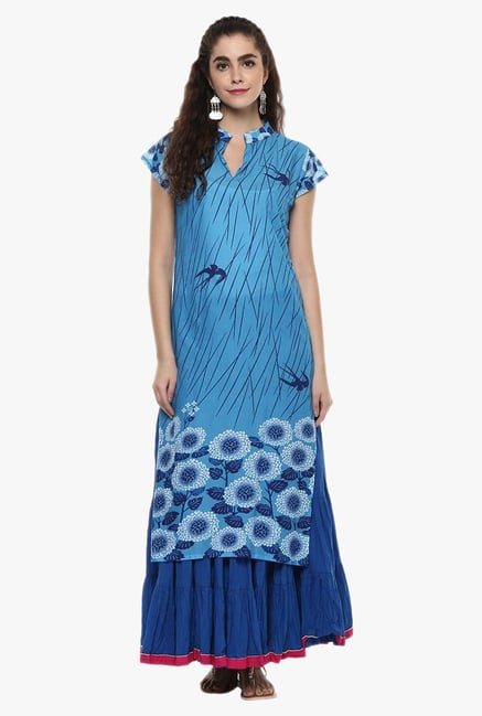 Ziyaa Blue Floral Print Cotton Kurta Ziyaa Blue Floral Print Cotton Kurta