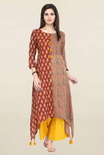 Varanga Maroon & Yellow Printed Rayon Kurta With Palazzo Varanga Maroon & Yellow Printed Rayon Kurta With Palazzo