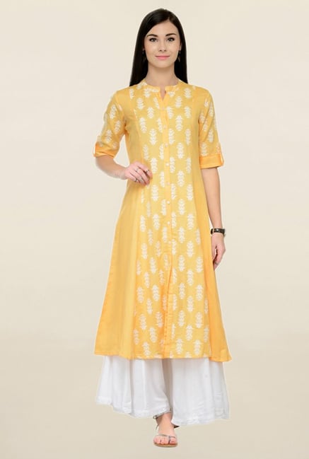 Varanga Yellow Printed Rayon Straight Kurta Varanga Yellow Printed Rayon Straight Kurta