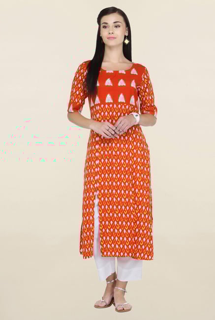 Varanga Orange & White Printed Rayon Kurta With Palazzo Varanga Orange & White Printed Rayon Kurta With Palazzo