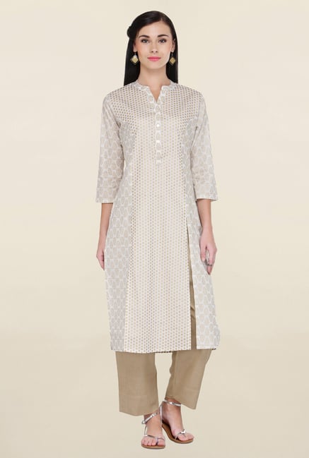 Varanga White & Beige Printed Cotton Kurta With Palazzo Varanga White & Beige Printed Cotton Kurta With Palazzo