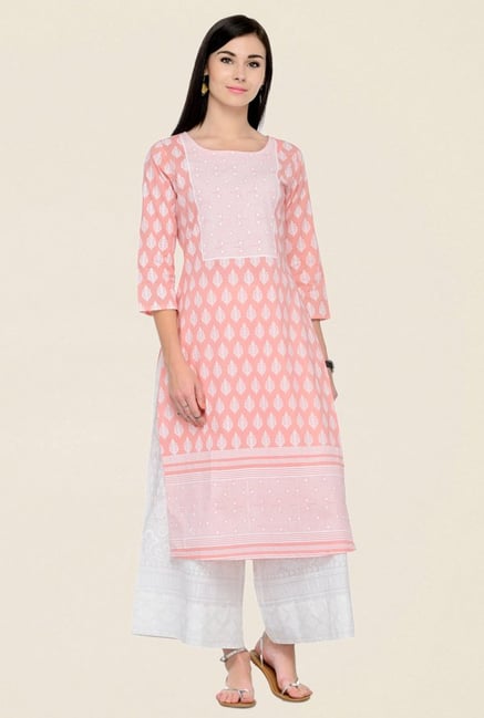 Varanga Peach & White Printed Cotton Kurta With Palazzo Varanga Peach & White Printed Cotton Kurta With Palazzo