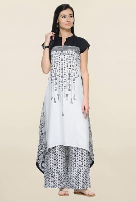 Varanga White Printed Rayon Kurta With Palazzo Varanga White Printed Rayon Kurta With Palazzo