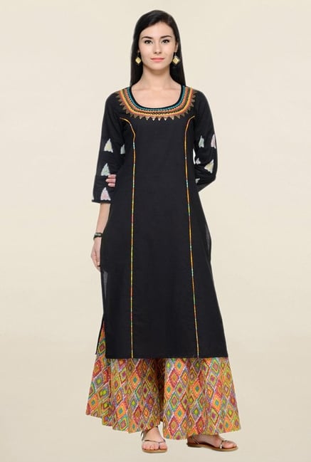 Varanga Black Embroidered Cotton Straight Kurta Varanga Black Embroidered Cotton Straight Kurta