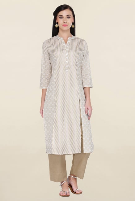 Varanga Off White Printed Cotton Straight Kurta Varanga Off White Printed Cotton Straight Kurta