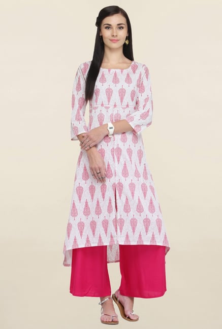 Varanga White & Pink Printed Cotton Kurta With Palazzo Varanga White & Pink Printed Cotton Kurta With Palazzo