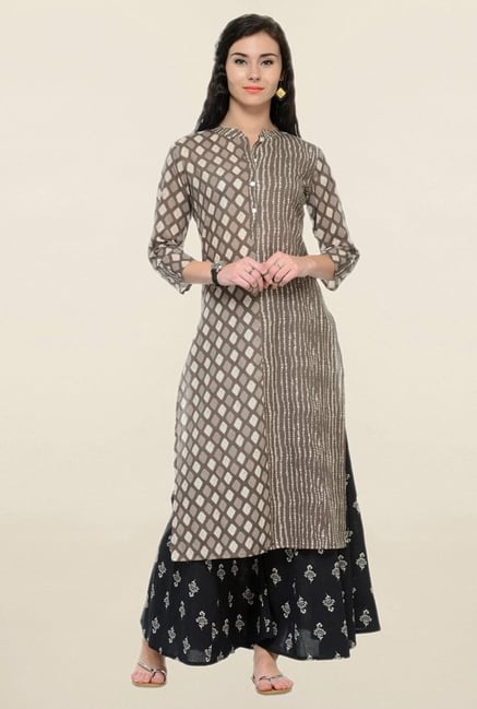Varanga Grey & Black Printed Cotton Kurta With Palazzo Varanga Grey & Black Printed Cotton Kurta With Palazzo