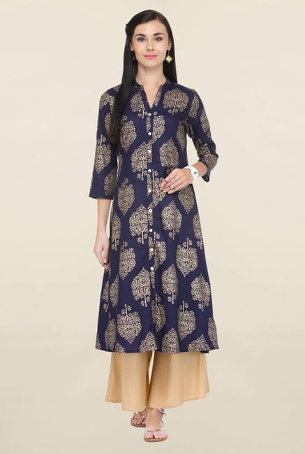 Varanga Navy & Beige Printed Rayon Kurta With Palazzo Varanga Navy & Beige Printed Rayon Kurta With Palazzo