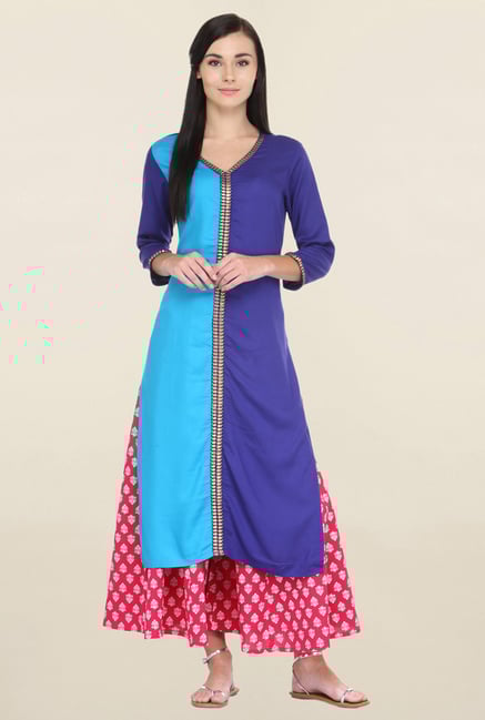 Varanga Blue Embroidered Rayon Straight Kurta Varanga Blue Embroidered Rayon Straight Kurta