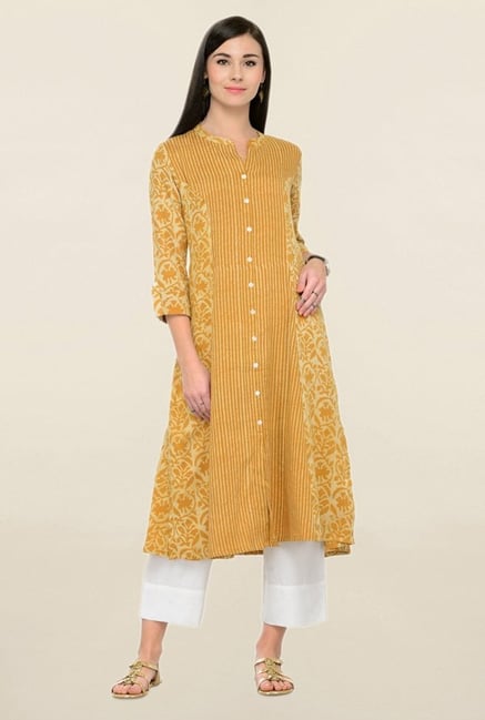 Varanga Mustard & White Printed Rayon Kurta With Palazzo Varanga Mustard & White Printed Rayon Kurta With Palazzo