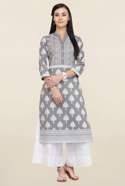 Varanga Grey & White Printed Cotton Kurta With Palazzo Varanga Grey & White Printed Cotton Kurta With Palazzo
