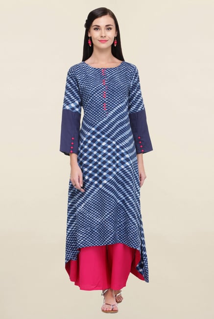 Varanga Navy & Pink Printed Rayon Kurta With Palazzo Varanga Navy & Pink Printed Rayon Kurta With Palazzo