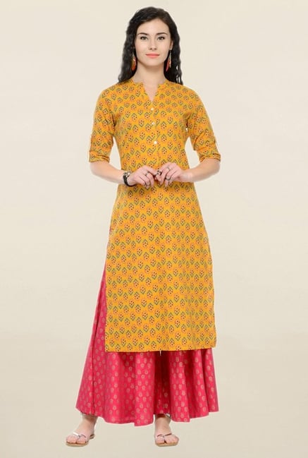 Varanga Mustard & Pink Printed Cotton Kurta With Palazzo Varanga Mustard & Pink Printed Cotton Kurta With Palazzo
