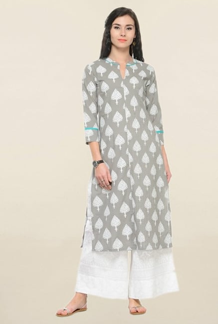 Varanga Grey Printed Cotton Straight Kurta Varanga Grey Printed Cotton Straight Kurta