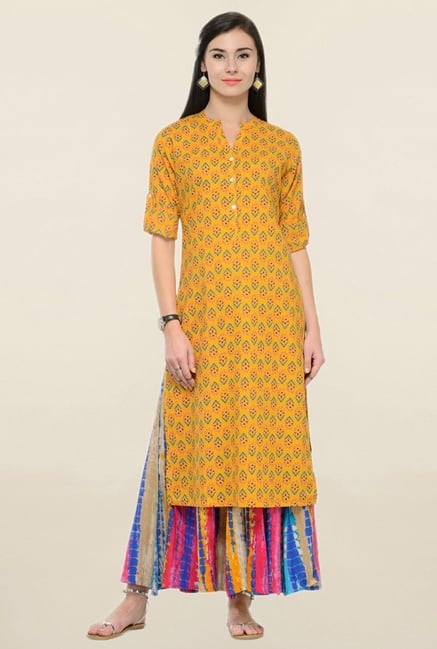 Varanga Mustard & Pink Printed Cotton Kurta With Palazzo Varanga Mustard & Pink Printed Cotton Kurta With Palazzo
