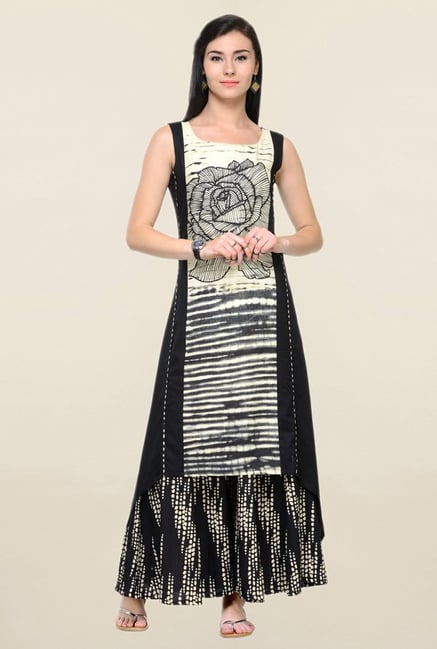 Varanga Black Floral Print Rayon Kurta With Palazzo Varanga Black Floral Print Rayon Kurta With Palazzo