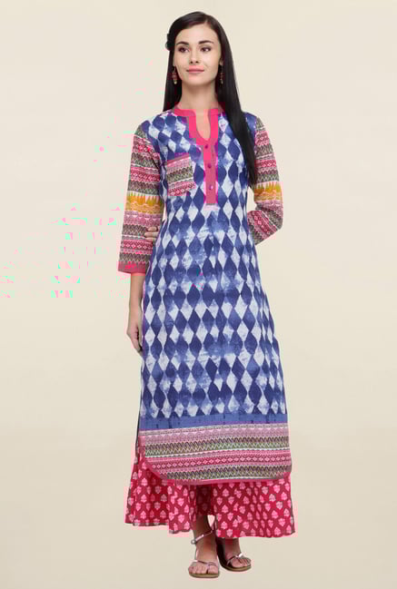 Varanga Blue & Pink Printed Cotton Kurta With Palazzo Varanga Blue & Pink Printed Cotton Kurta With Palazzo