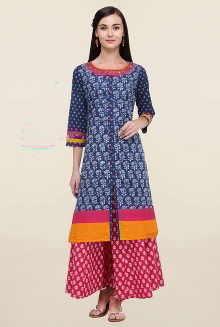 Varanga Navy Printed Cotton Straight Kurta Varanga Navy Printed Cotton Straight Kurta