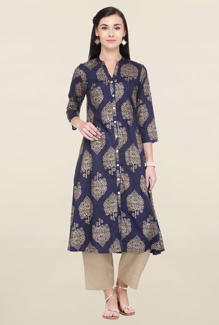 Varanga Navy Printed Rayon Straight Kurta Varanga Navy Printed Rayon Straight Kurta