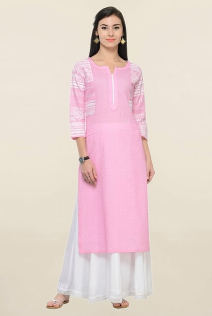 Varanga Pink & White Printed Cotton Kurta With Palazzo Varanga Pink & White Printed Cotton Kurta With Palazzo