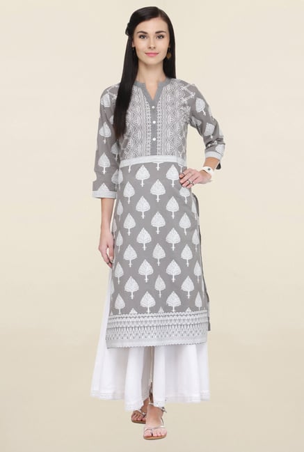 Varanga Grey & White Printed Cotton Kurta With Palazzo Varanga Grey & White Printed Cotton Kurta With Palazzo