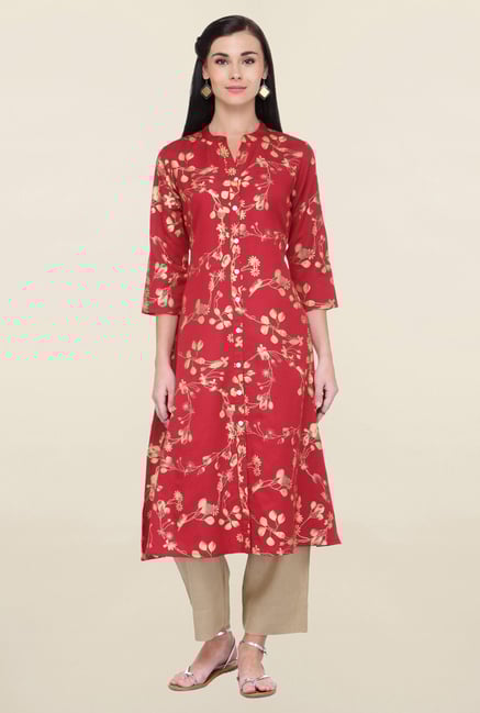 Varanga Red & Beige Printed Rayon Kurta With Palazzo Varanga Red & Beige Printed Rayon Kurta With Palazzo