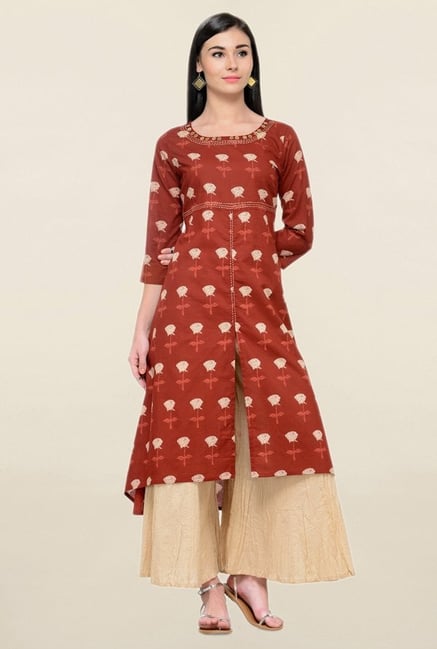 Varanga Maroon Printed Cotton Curved Kurta Varanga Maroon Printed Cotton Curved Kurta
