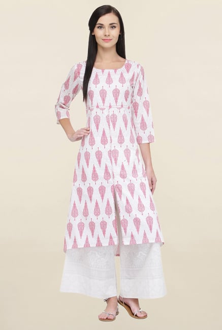 Varanga White & Off White Printed Cotton Kurta With Palazzo Varanga White & Off White Printed Cotton Kurta With Palazzo