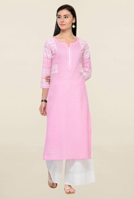 Varanga Pink & White Printed Cotton Kurta With Palazzo Varanga Pink & White Printed Cotton Kurta With Palazzo